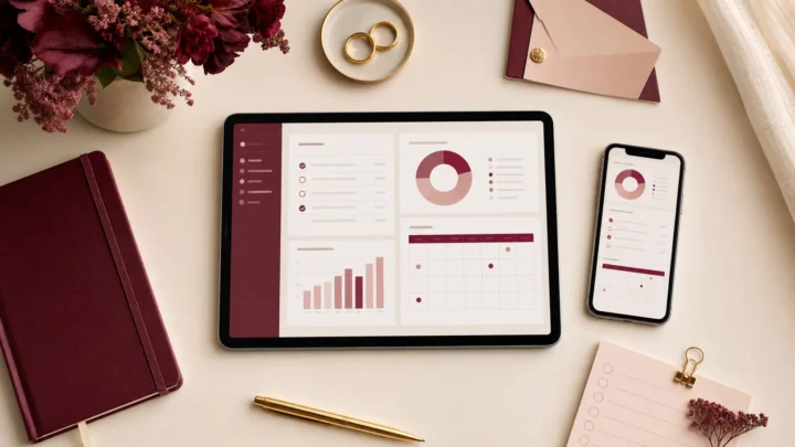 Tablet e celular com painel de organização de casamento