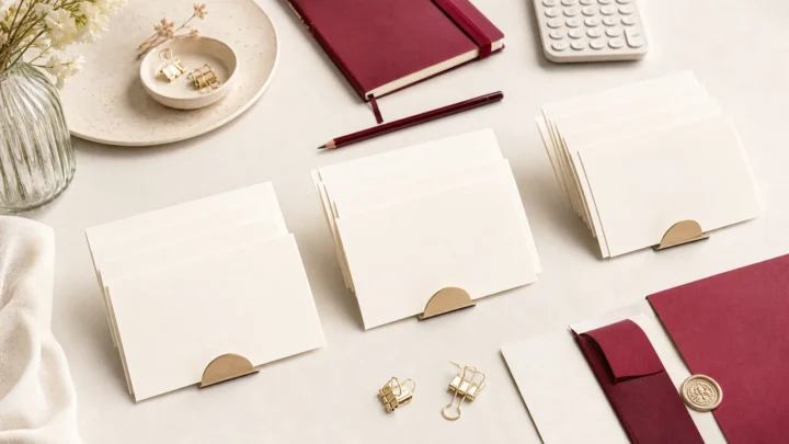 Cartões em branco separados em grupos sobre uma mesa para revisar a lista de convidados.