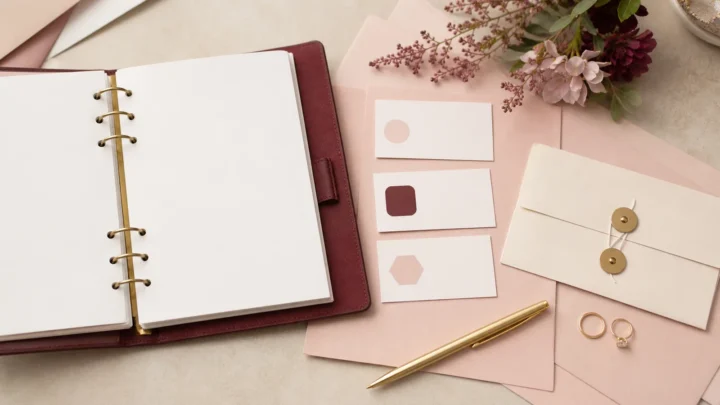 Planner em branco com cartões de prioridades, envelope e alianças