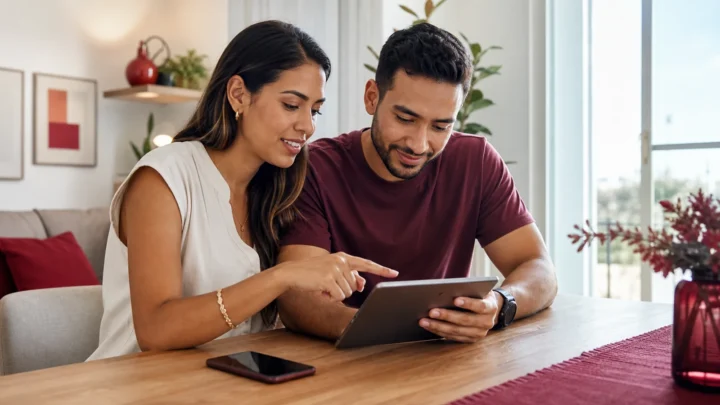 Casal organizando o casamento em seis meses em um tablet durante uma conversa em casa