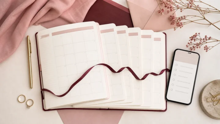 Planner mensal de casamento com páginas de calendário, celular e alianças
