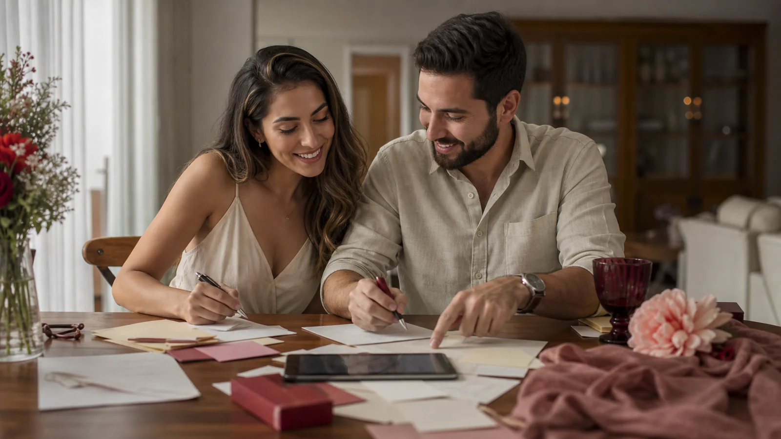 Casal organizando nomes e informações da lista de convidados à mesa