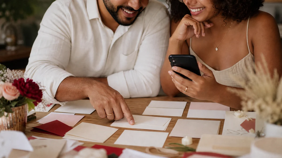 Mãos do casal revisando contatos e grupos da lista de convidados