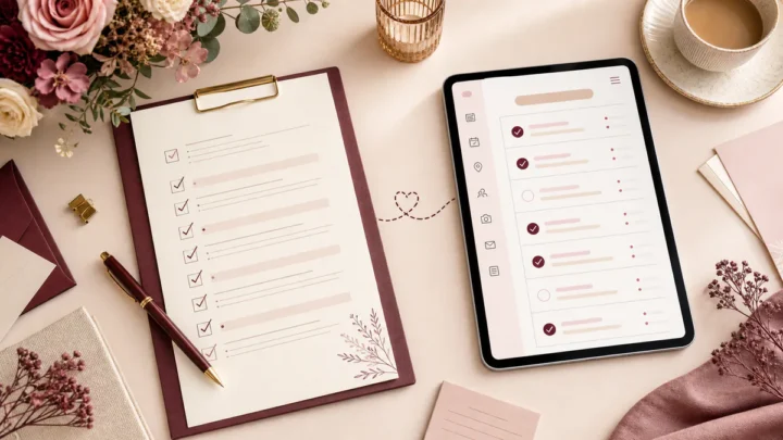 Planner de casamento em papel ao lado de um checklist online em um tablet