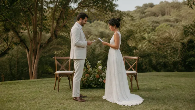 Casal troca votos em uma cerimônia íntima com poucos elementos