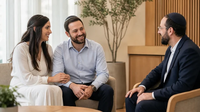 Casal conversa com rabino sobre a preparação de um casamento judaico
