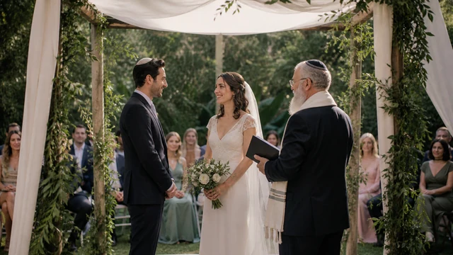 Casal participa de uma cerimônia judaica sob uma chupá em um jardim