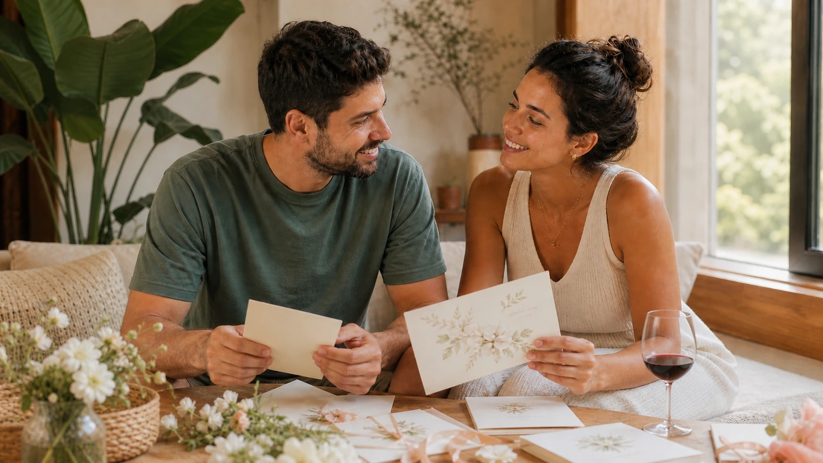 Casal sorri enquanto organiza convites de casamento em casa, com flores e uma taça de vinho tinto ao lado