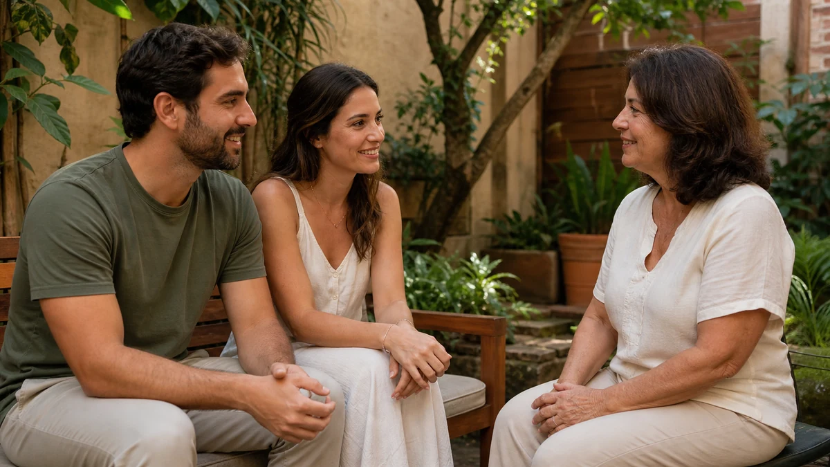 Casal explica informações do casamento a uma familiar em conversa reservada