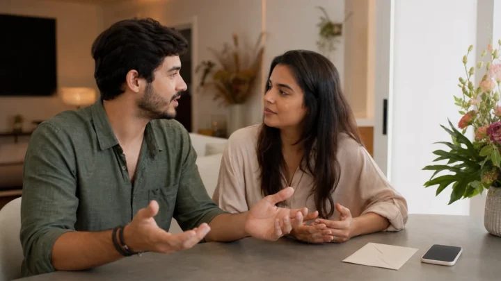 Casal conversa sobre diferentes formas de entregar os convites do casamento