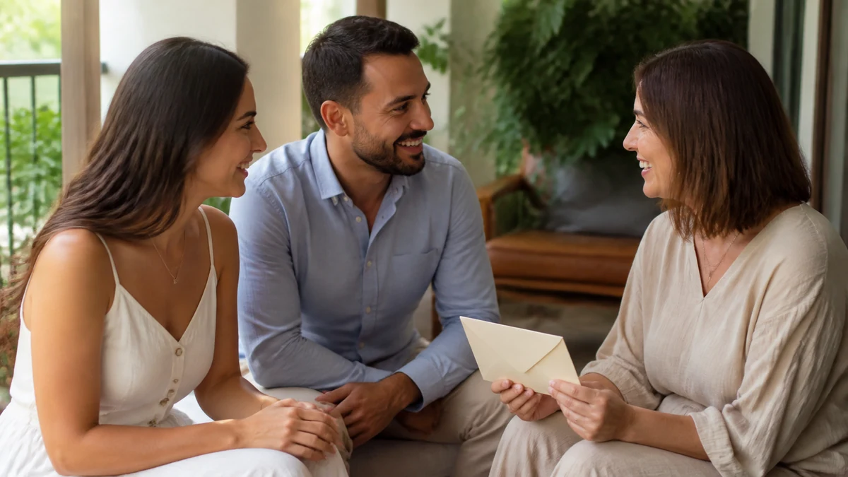 Convidada recebe do casal as informações do casamento em uma conversa acolhedora