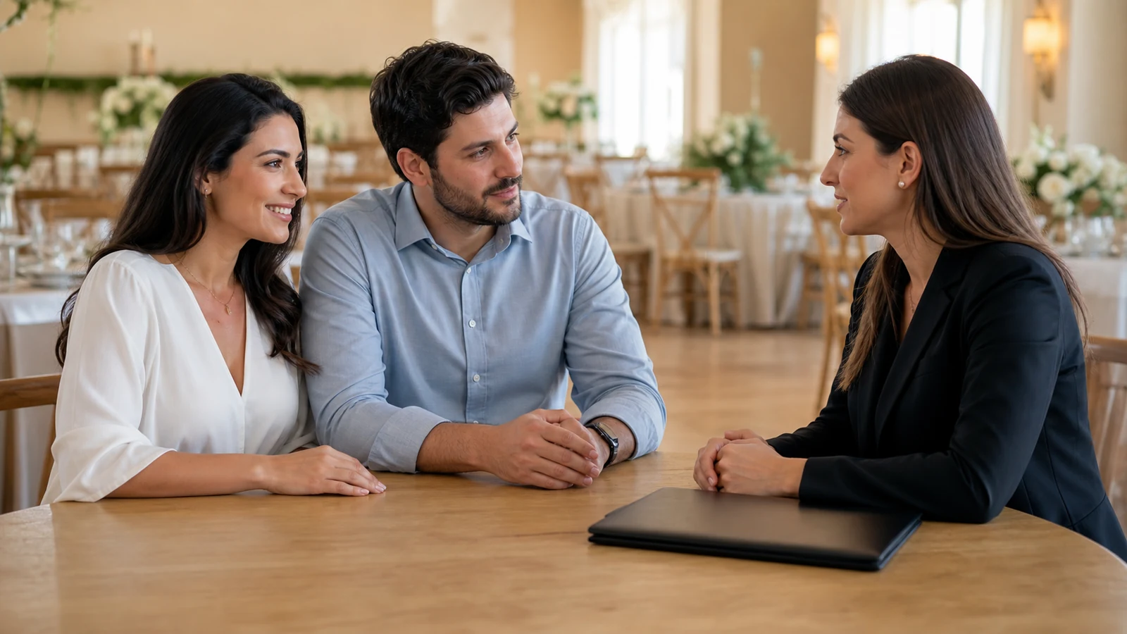 Casal conversa com fornecedora sobre os documentos e responsabilidades do casamento