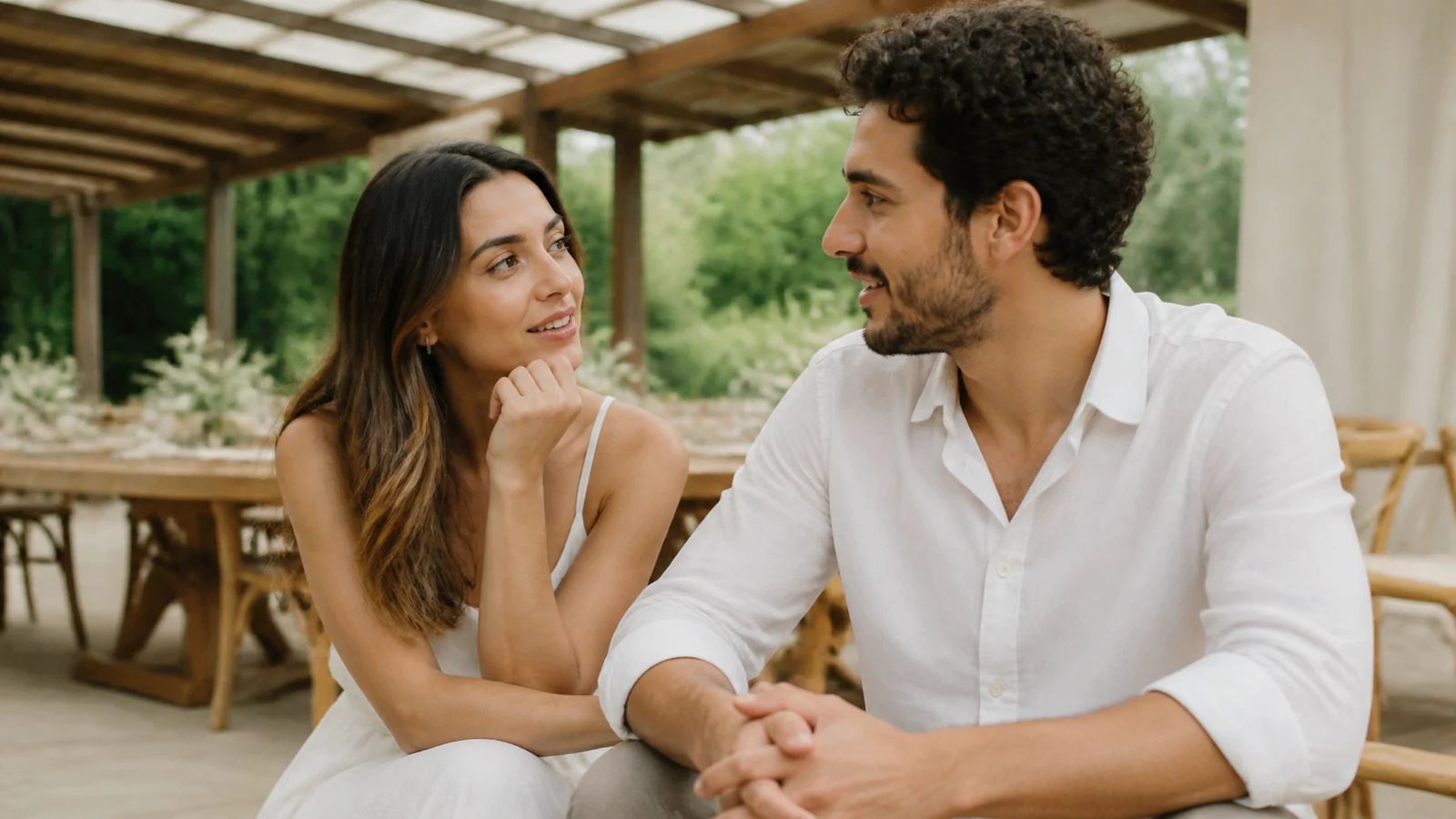 Casal conversa com tranquilidade sobre as próximas tarefas do casamento