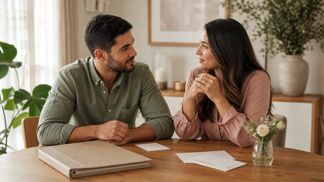 Casal conversa com discrição enquanto organiza a lista de convidados