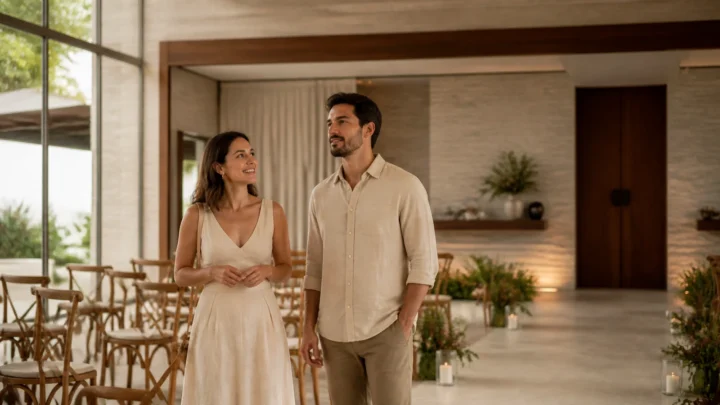 Casal observa um espaço de casamento minimalista com decoração acolhedora