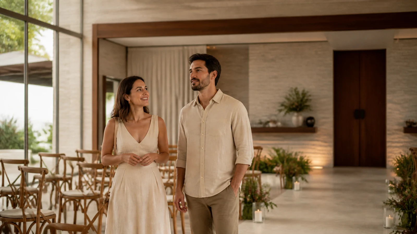 Casal observa um espaço de casamento minimalista com decoração acolhedora