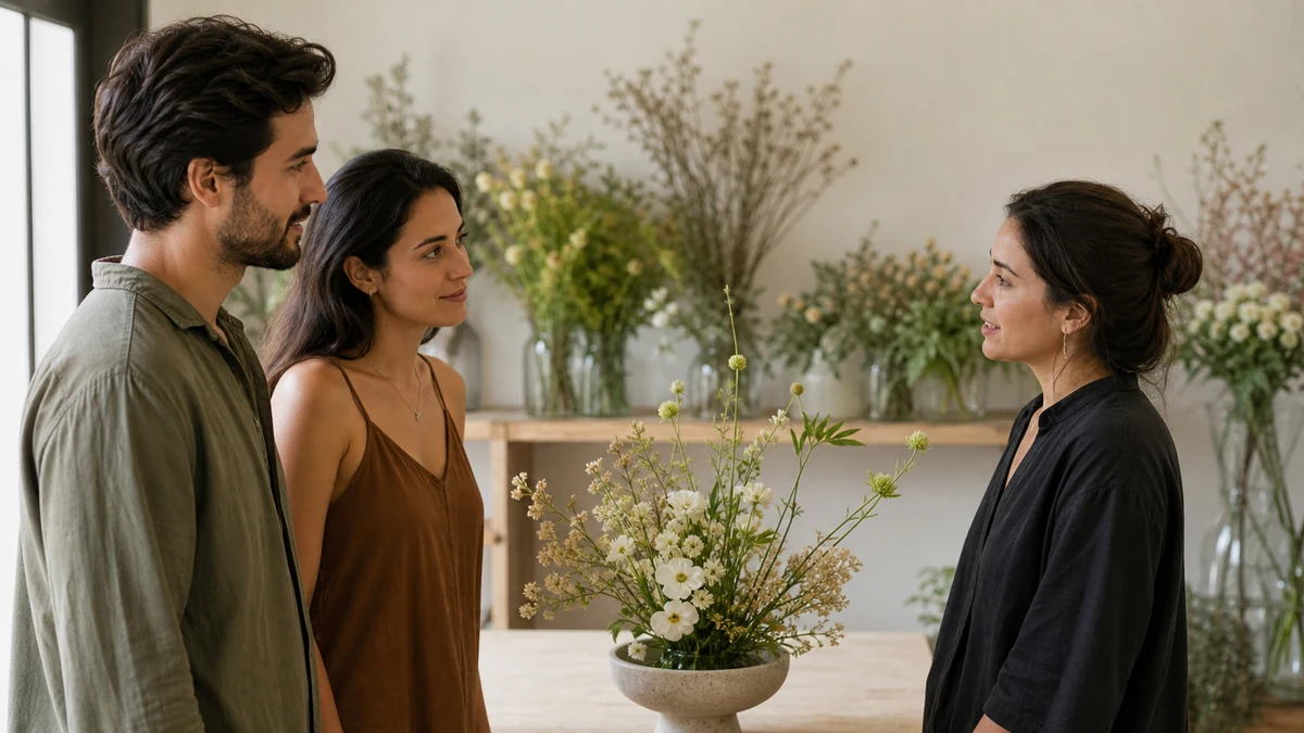 Casal conversa com florista diante de um arranjo simples e expressivo
