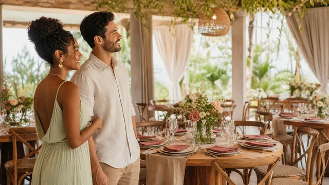 Casal observa um espaço de casamento com decoração simples e acolhedora