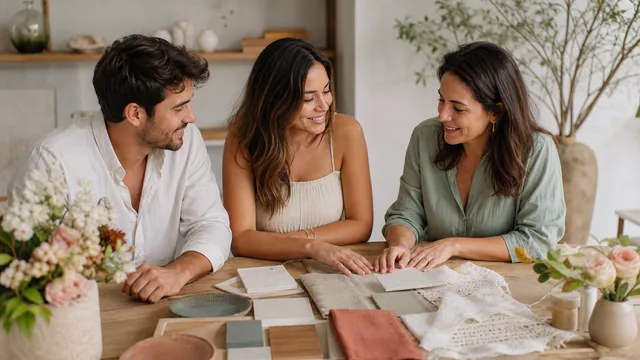 Casal e decoradora avaliam amostras de flores, tecidos e materiais para o casamento