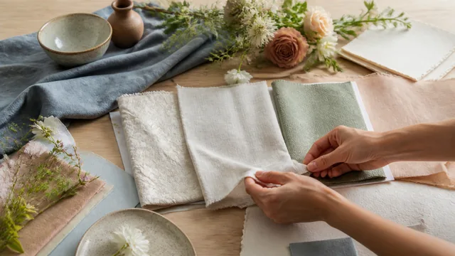 Amostras de tecidos, papéis, flores e cerâmica formam uma paleta de casamento