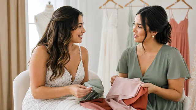 Noiva e madrinha comparam amostras de tecidos coloridos em conversa acolhedora