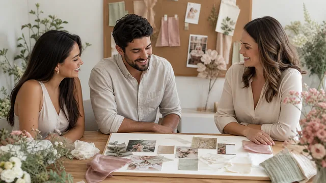 Casal e decoradora analisam um painel físico com poucas referências selecionadas