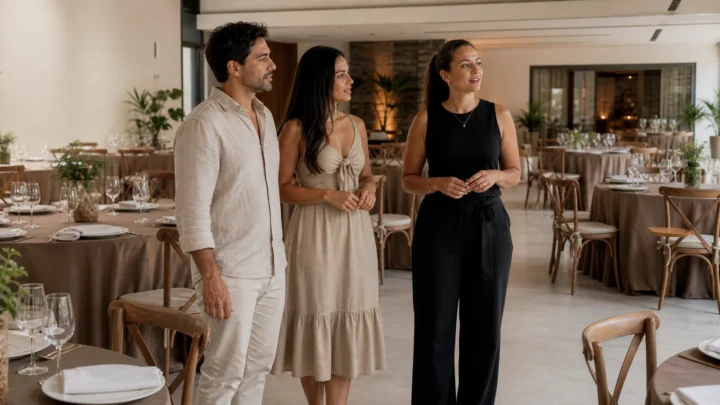 Casal e profissional avaliam a capacidade e a circulação de um espaço de casamento