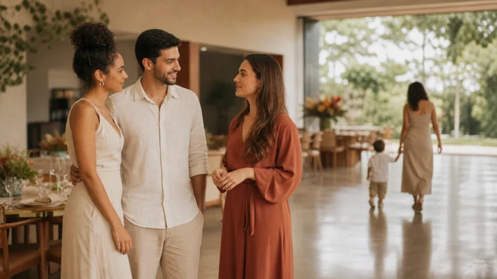 Casal conversa com uma assessora em um espaço de casamento enquanto uma família caminha ao fundo