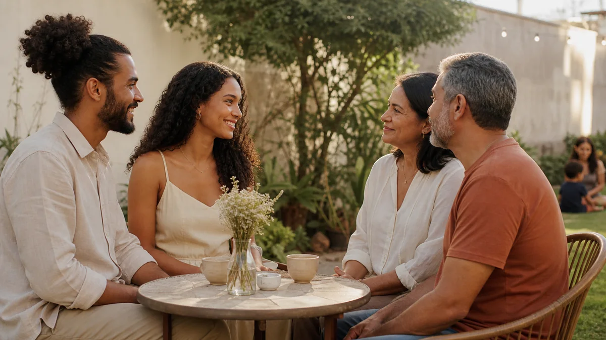 Casal conversa com familiares em um jardim sobre a composição do convite de casamento