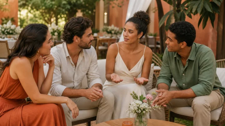 Quatro amigos conversam em um espaço de casamento sobre companhia e participação no evento