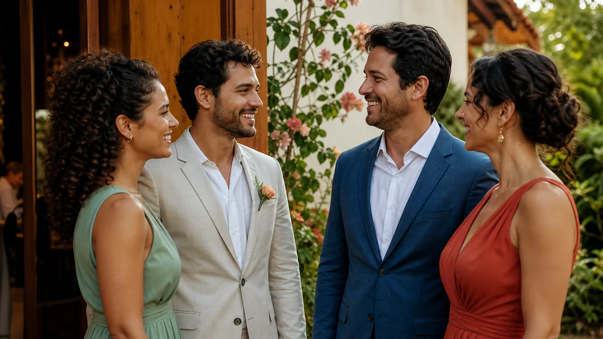 Casal recebe dois convidados na entrada de uma celebração em um jardim