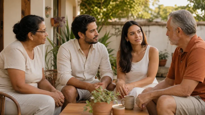Casal conversa com dois familiares mais velhos em uma varanda sobre a lista de convidados