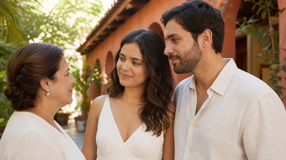 Casal conversa em particular com uma familiar mais velha em um jardim