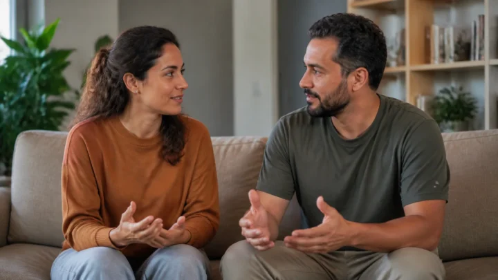 Casal conversa em casa sobre quais colegas de trabalho convidar para o casamento