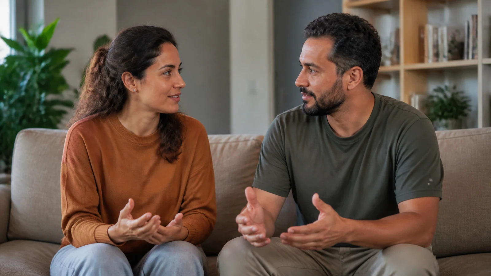 Casal conversa em casa sobre quais colegas de trabalho convidar para o casamento