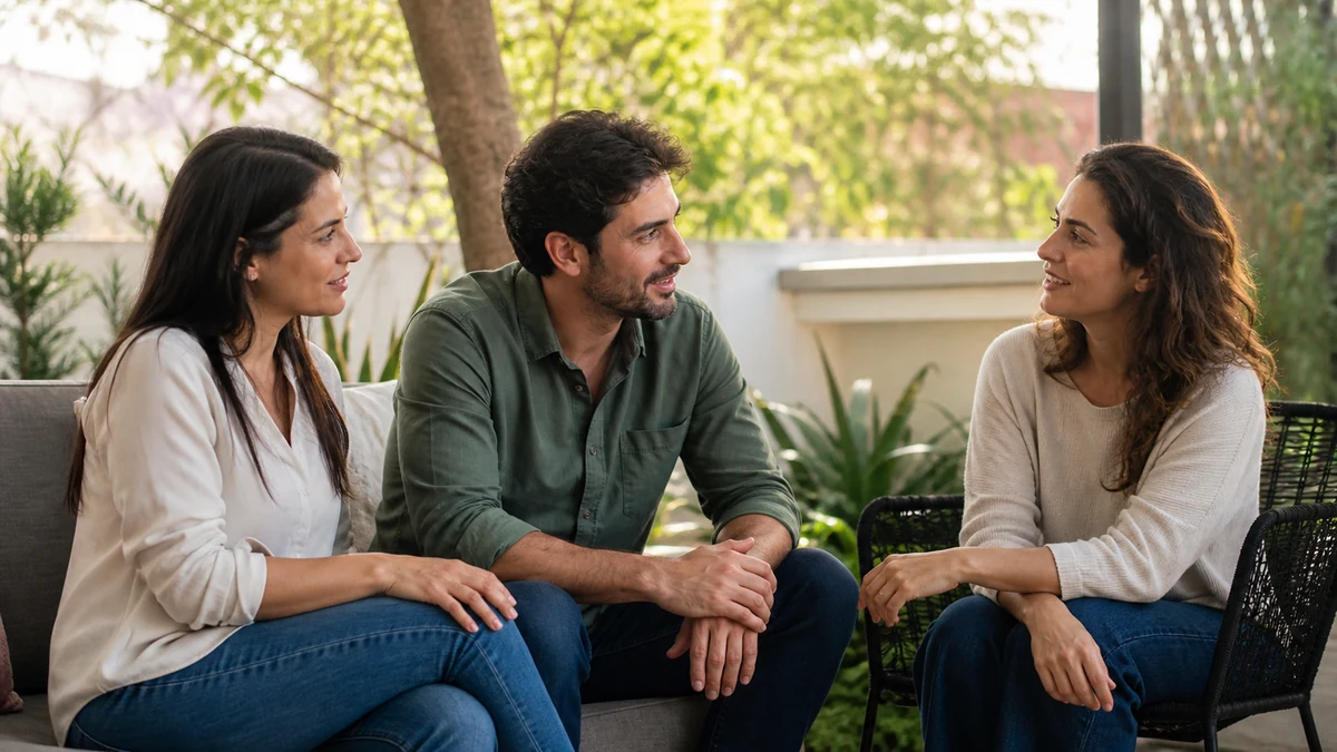 Casal conversa de forma reservada com uma colega convidada para o casamento