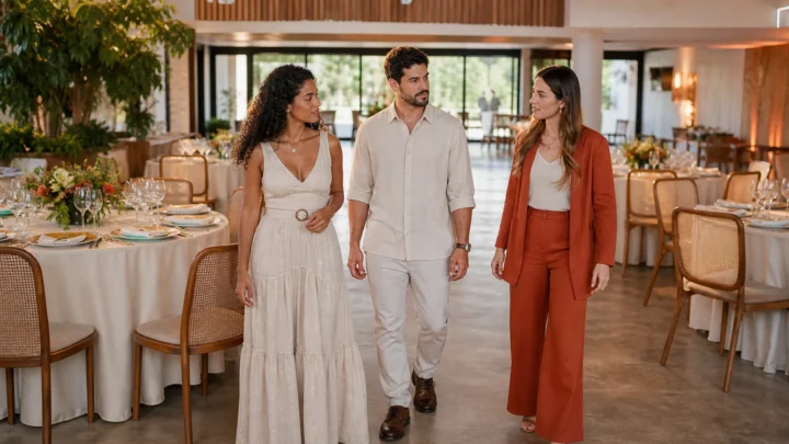 Casal e assessora percorrem um salão preparado observando mesas e circulação