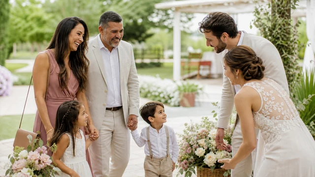 Família com crianças chega a um casamento em espaço acolhedor