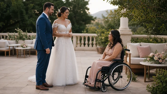 Convidada cadeirante conversa com o casal em um espaço de casamento acessível