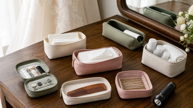 Itens essenciais de um kit de emergência para casamento organizados em nécessaires