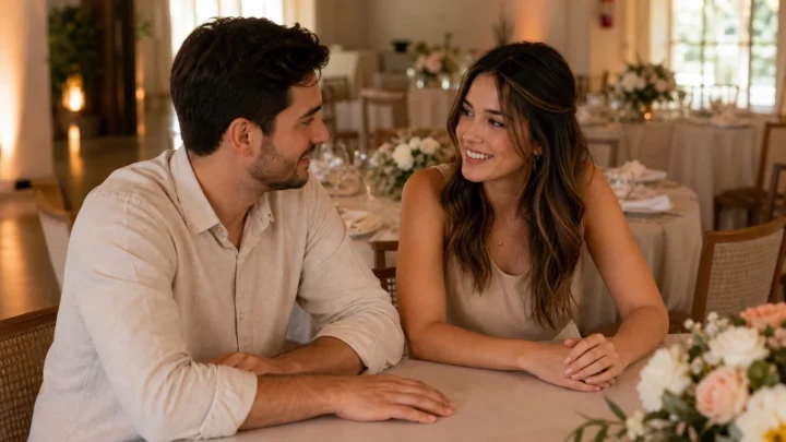 Casal conversa em uma mesa de recepção ao avaliar o custo por convidado do casamento