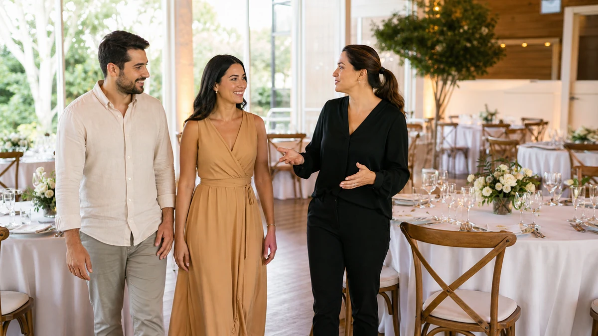 Casal e profissional de eventos conversam sobre quantidades e custos da recepção do casamento