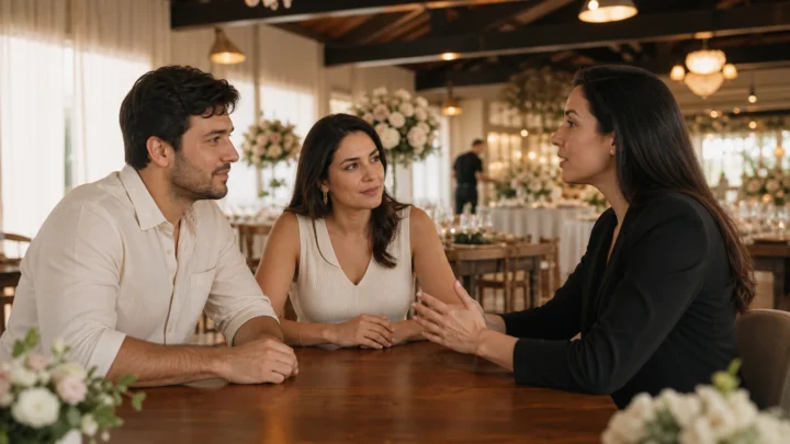 Casal conversa com uma profissional em um espaço de casamento sobre custos e serviços incluídos