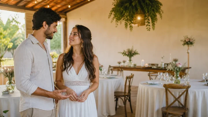 Casal conversa com tranquilidade em uma recepção de casamento acolhedora