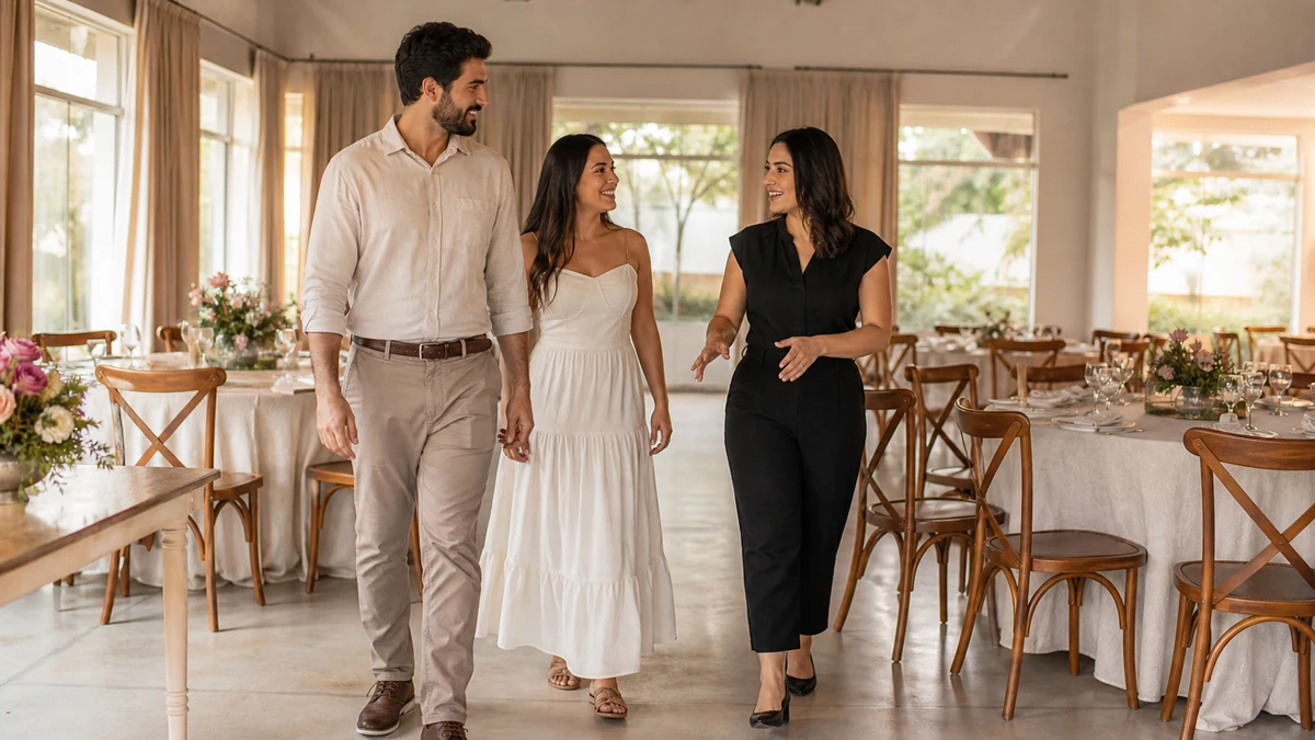 Casal e profissional avaliam a circulação entre mesas de uma recepção