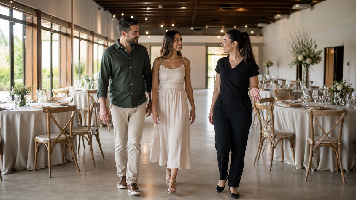 Casal e fornecedora avaliam juntos um espaço de recepção