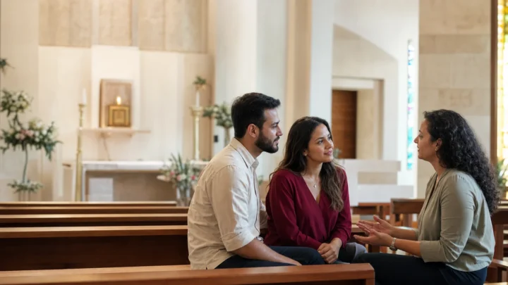 Casal conversa com responsável da paróquia sobre os custos do casamento católico