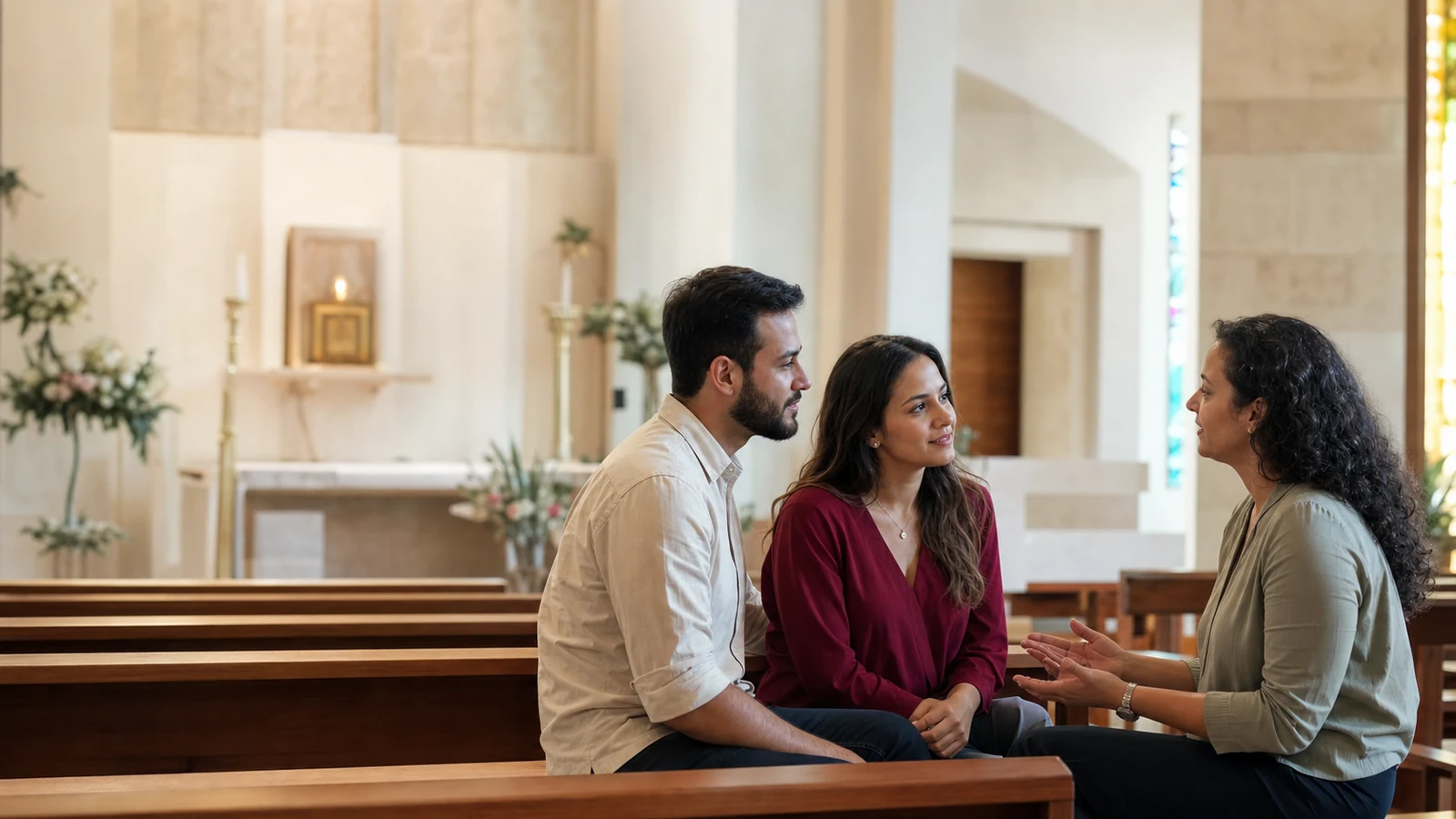 Casal conversa com responsável da paróquia sobre os custos do casamento católico