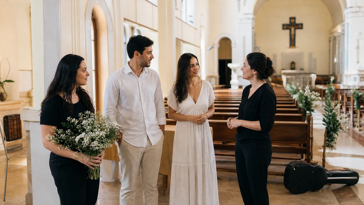 Casal conversa com profissionais de música e ornamentação dentro de uma igreja