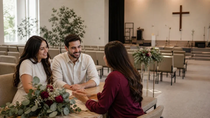 Casal conversa com liderança evangélica sobre a organização e os custos da cerimônia
